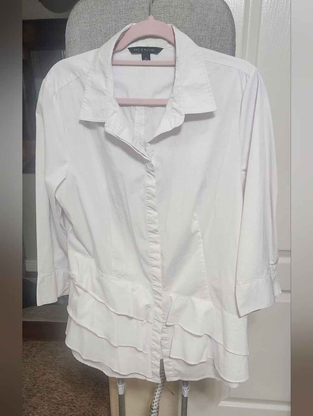 Zac & Rachel White Tiered Ruffle Hem 3/4 Sleeve Button Up Blouse XL